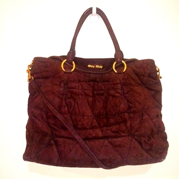Miu Miu Suede Leather Quilted Large Shoulder Bag w/ Adjustable Strap-Dark Maroon - Picture 2 of 15